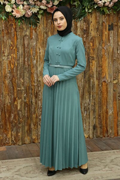 Feiza Collection Piliseli Tesettür Elbise - Çağla Yeşili