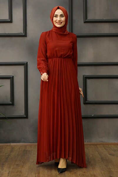 Feiza Collection Piliseli Tesettür Elbise - Kiremit