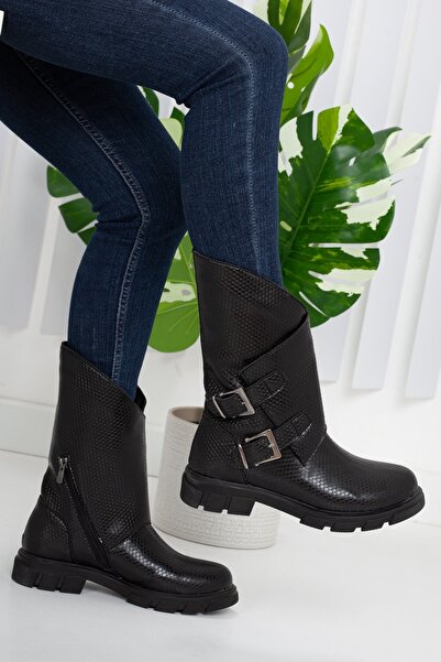 GULT Γυναικείες μπότες με αγκράφα σε στυλ μαύρο σχέδιο φιδιού