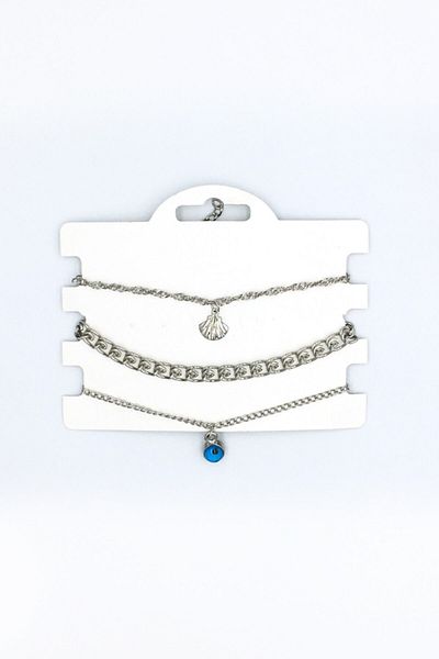 Artikel Silver Colored Mussel and Evil Eye Bead Dangle Multiple Chain Bracelet Set