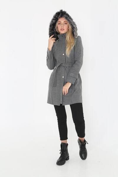 KMKkombin Women's Short Cashmere Stamp Hooded Fur Coat Coat