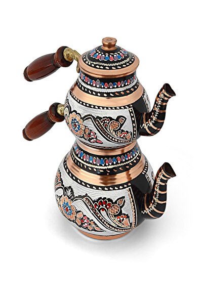 Alone Bakır Çaydanlık Erzincan Işi Ahşap Kulplu Desenli Orta Boy Çaydanlık Ça...