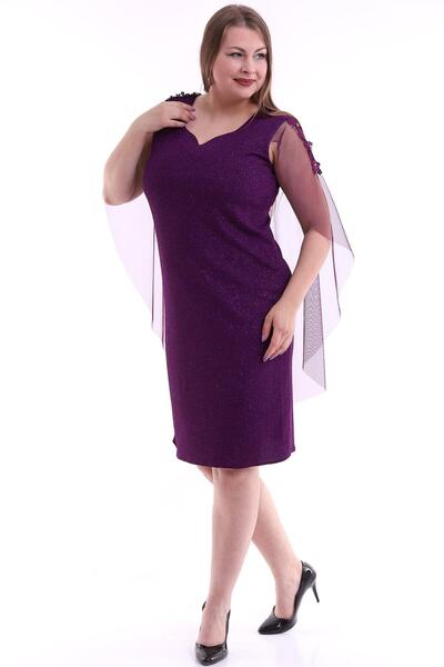 Ottawe - Kadın Mor Büyük Beden Beşgen Yaka Tül Pelerinli Abiye Elbise