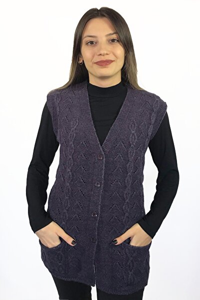 Dinçerler tekstil Kadın Mor V Yaka Zincir Örgü Yün Triko Zarif Anne Yelek