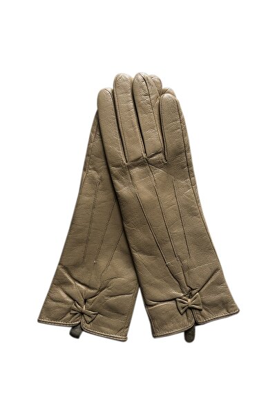 Deri Eldivenci Kadın Deri Eldiven Fiyonklu Bej