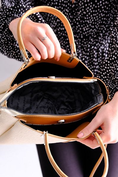Just Polo Women's Cream Tan Embossed Printed Just & Polo Patterned Snap and Zipper Closure Shoulder and Hand Bag