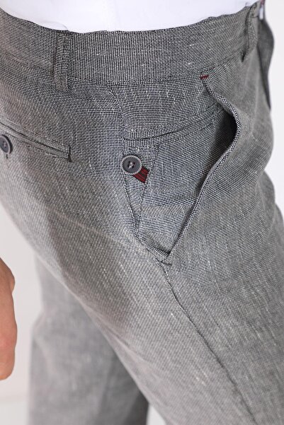 R-Germen Erkek Regular Fit Orta Kalıp Gri Keten Pantolon