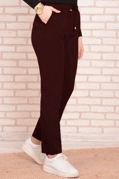 Modakenti Narrow Leg Dumbbell Crepe Elastic Waist Trousers - Claret Red