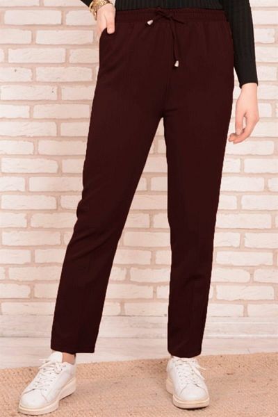 Modakenti Narrow Leg Dumbbell Crepe Elastic Waist Trousers - Claret Red