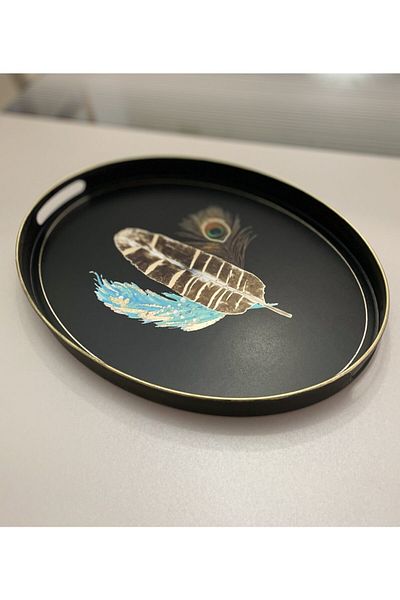 Panoramas Home Blue Feather Pattern Oval Large Serving Tea Coffee Presentation Tray