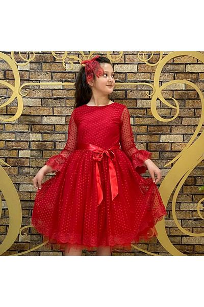 Pumpido Red Colored Lace Long Sleeve Girl's Evening Dress with Buckle