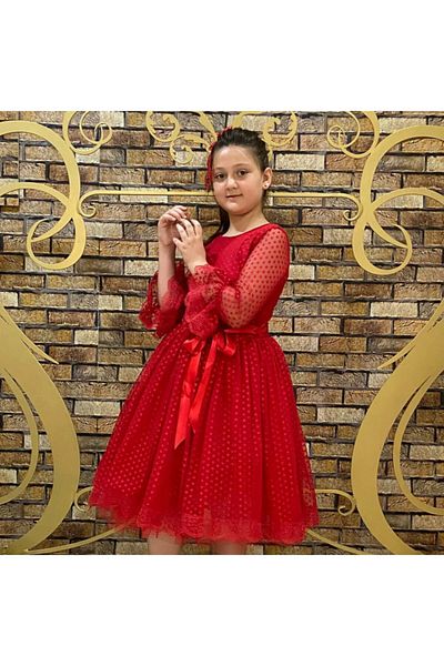 Pumpido Red Colored Lace Long Sleeve Girl's Evening Dress with Buckle
