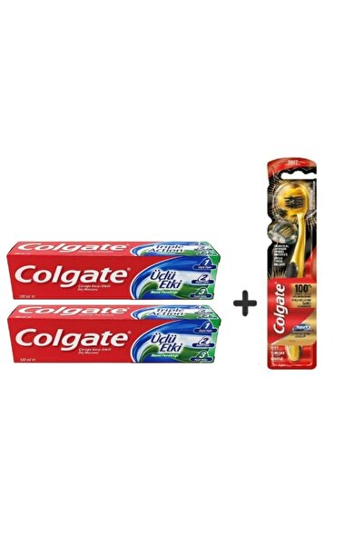 Colgate معجون أسنان ثلاثي التأثير 2 عبوة 100 مل + 1 فرشاة أسنان سوداء ذهبية 360