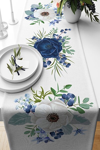 Nish & Royal Pastel Mavi Gül Desenli Dijital Baskılı Dekoratif Süet Runner