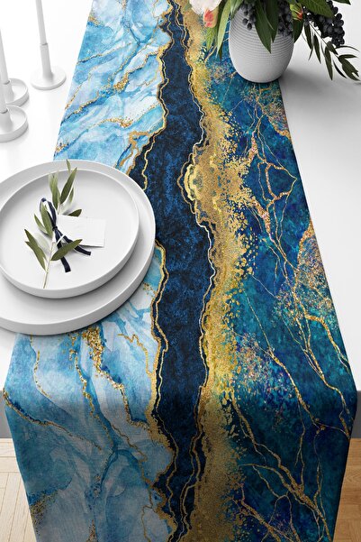 Nish & Royal عداء من جلد الغزال بتصميم حديث خاص مع خلفية زرقاء ورقية ذهبية