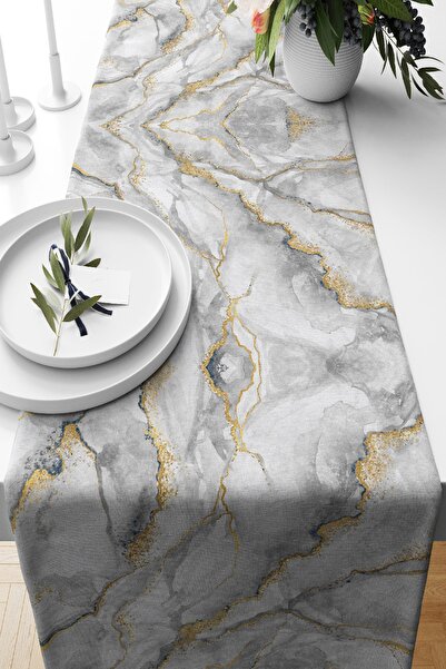 Nish & Royal Modern Mermer Desenli Dijital Baskılı Tasarım Süet Runner