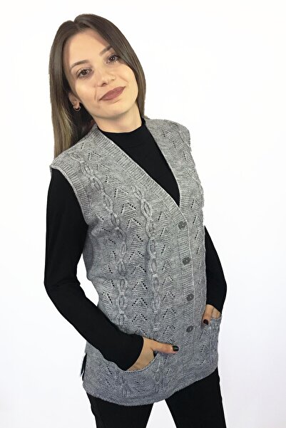 Dinçerler tekstil Kadın V Yaka Zincir Örgü Yün Triko Zarif Anne Yelek