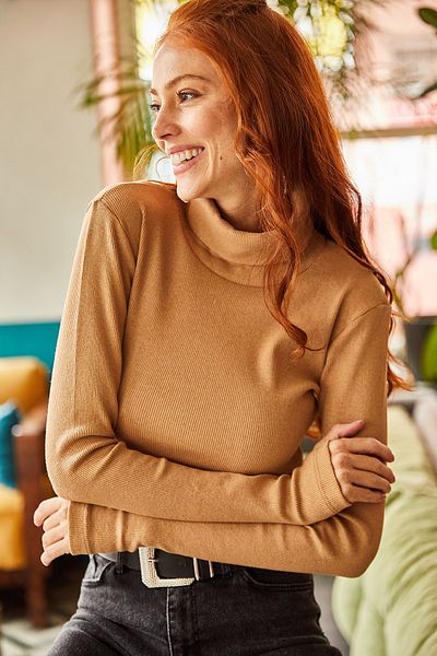 Olalook Női teve halászgallér ujj részletes Lycra Crop blúz BLZ-19001644