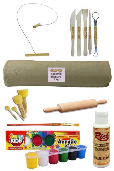 GLANCE Seramik Hamuru 6 Kg Kil Kesme Teli 5'li Ebeşuarlı 15 ml Akrilik 6 Lı V...