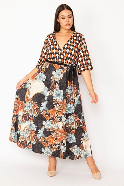 Şans Women's Large Size Colorful Wrap Collar Belted Waist Dress 65n28602