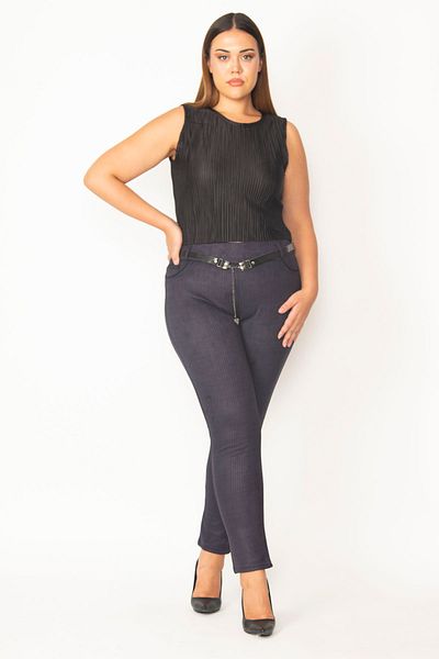 Şans Women's Large Size Navy Blue Plaid Patterned Trousers with Belt Accessories 65n28637