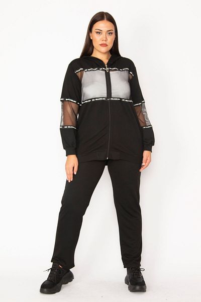 Şans Damen-Sweatshirt-Hose-Set mit schwarzen Ärmeln und Netzstoff vorne, detailliertem Reißverschluss vorne und Kapuze, 65N28348