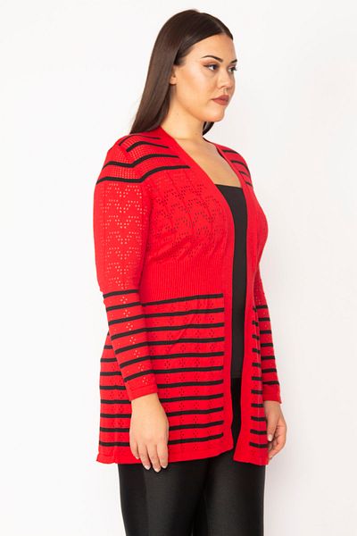 Şans Women's Large Size Red Openwork Knitted Striped Knitwear Cardigan 65n28349