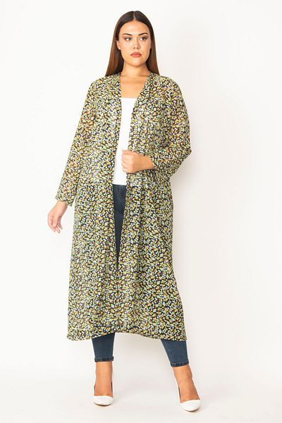Şans Women's Large Size Colorful Chiffon Fabric Patterned Long Cardigan 65n28497