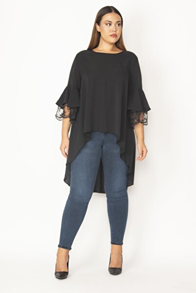 Şans Women's Plus Size Black Flounce Sleeve Lace and Back Zipper Detailed Chiffon Blouse 65n28396