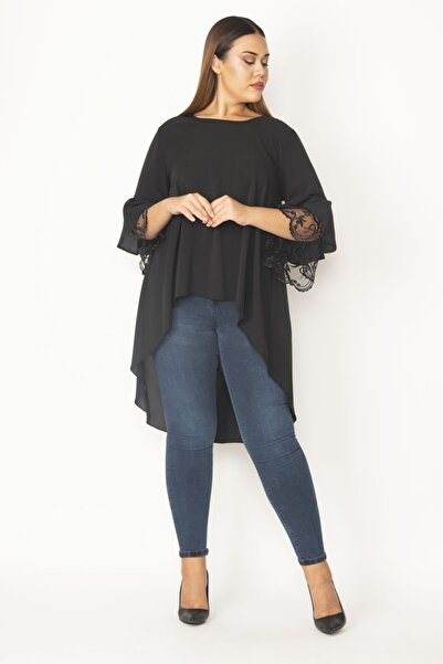 Şans Women's Plus Size Black Flounce Sleeve Lace and Back Zipper Detailed Chiffon Blouse 65n28396