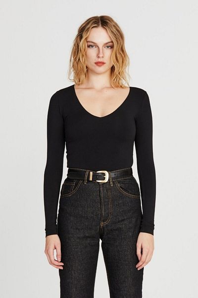 IAMNOTBASIC Women's Black V-Neck Long Sleeve Close-Fitting Candice Top