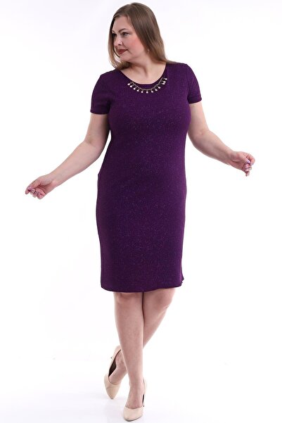 Ottawe Kadın Mor Büyük Beden Yaka Aksesuarlı Yarım Kollu Abiye Elbise