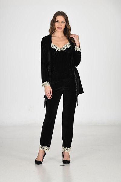 Sistina Set de 3 bucăți de rochie și cămașă de noapte din catifea neagră - 1441