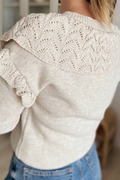 FEMELLE Kadın Krem Renk Çiçek Nakış Işlemeli Düğmeli Triko Hırka