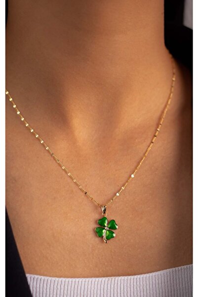 YAVUZ KUYUMCULUK 14 Ayar Altın Yonca Kolye Yeşil Mineli