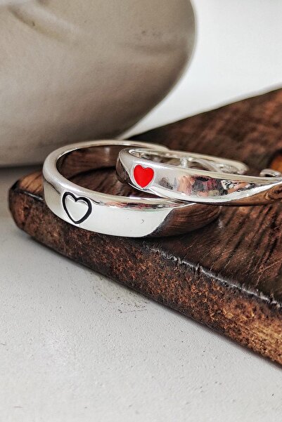 Sahira Jewelry Renkli Kalp Motifli Gümüş Kaplama Ayarlanabilir Çift Alyans Yüzük