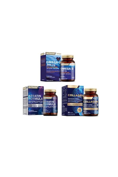 Nutraxin Omega 3 Fish Oil 2000 Mg - 60 Capsules + 30 Tablets Hydrolyzed Collagen + Keratin Formula 60 Tablets