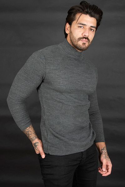 DeepSEA Men's Antracite Turtleneck Striped Slim Fit Knitted Sweater2100015