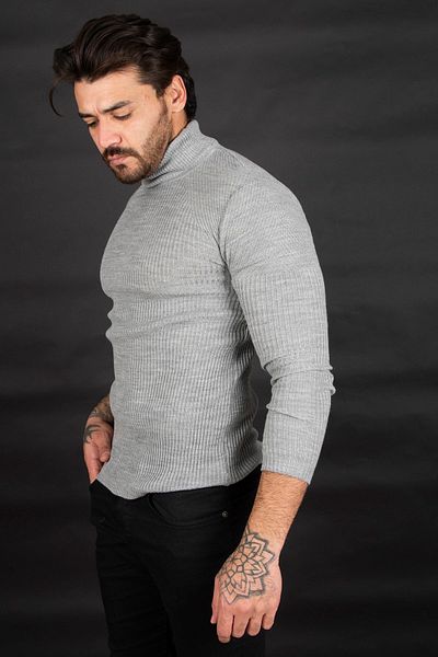 DeepSEA Men's Gray Turtleneck Striped Slim Fit Knitted Sweater2100015