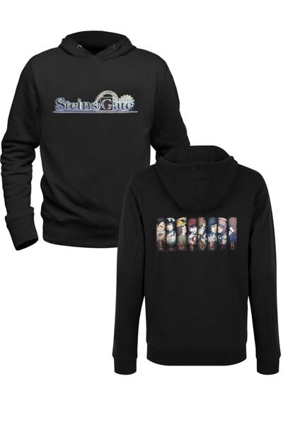 Alfa Tshirt سويت شيرت أسود مطبوع من Steins Gate من الأمام والخلف