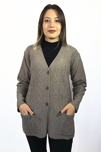 Dinçerler tekstil Kadın V Yaka Düğmeli Yünlü Triko Hırka