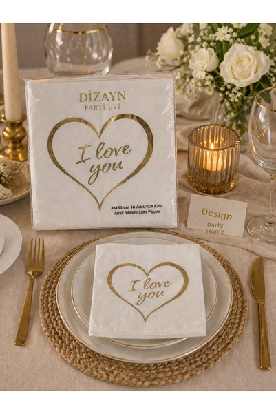 Dizayn Parti Evi Heart-Shaped "I Love You" Napkins – Party Napkins with Gold,...