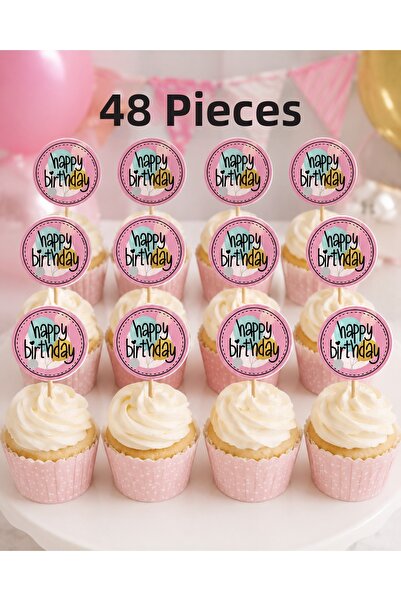 Dijital Nostal Happy Birthday Cupcake Topper Toothpick Ornament |   Pink Part...