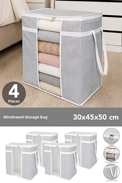 Meleni Home 4 Pieces Storage Bag with Windows - Striped Clothing Organizing P...