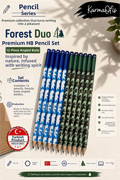 KarmaOfis Forest Duo Premium Hb Pencil Set 12-Piece Cornered Body Cloud Patte...