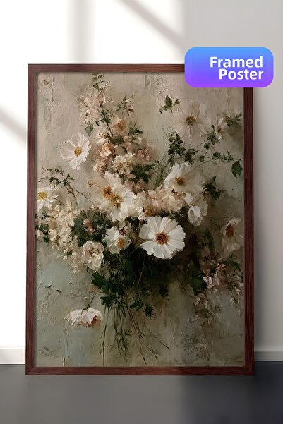 Zestia Pictură de perete vintage, buchet de margarete de țară înrămate maro N...