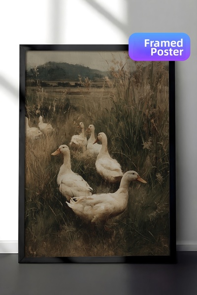 Zestia Pictură murală vintage, Rațe care merg prin natură, înrămată în negru ...