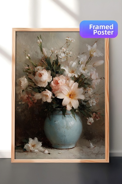 Zestia Pictură murală vintage, aranjament floral în vază albastră, înrămată î...