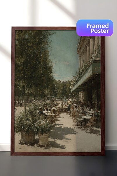 Zestia Pictură murală vintage, peisaj de cafenea în aer liber, înrămată în ma...