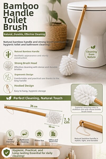 MAKRİ HOME Bamboo Handle Wc Toilet Brush – Durable Cleaning Brush 36 cm